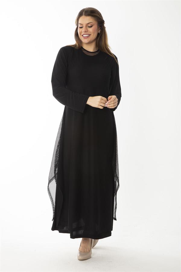 Kadın Büyük Beden Siyah Dışı File İç Elbiseli İkili Elbise 65N37033