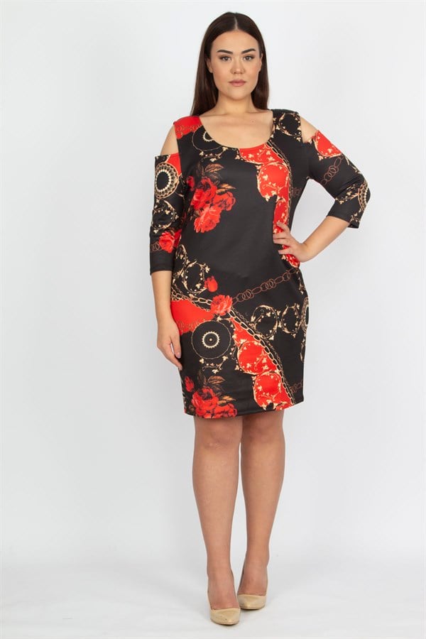 WOMEN'S BLACK OFF-SHOULDER FLORAL PATTERNED DRESS