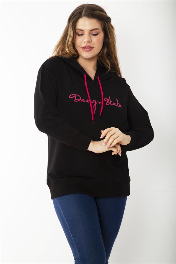Women's Plus Size Black Hooded Kangaroo Pocket Sweatshirt 65N37197