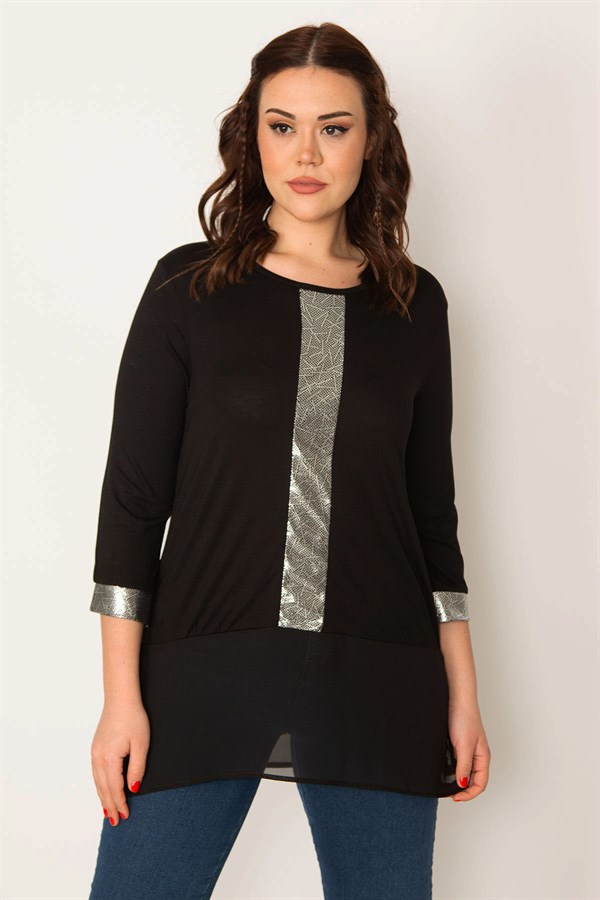 Kadın Siyah Lame Detaylı Etek Ucu Şifon Tunik 65N32079