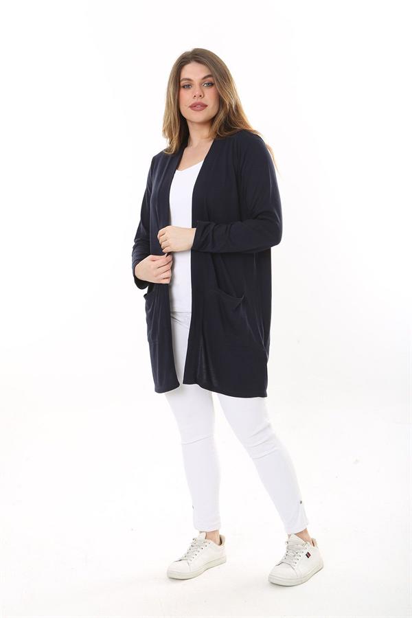 Kadın Büyük Beden Lacivert Ön Cepli Hırka 65N37600