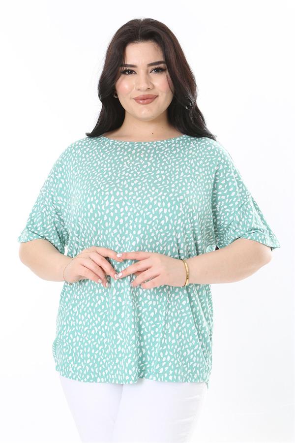 Kadın Büyük Beden Yeşil Bisiklet Yakalı Kısa Kollu Likralı Viskon Bluz 65N38000