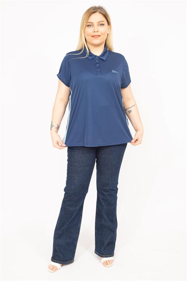 Kadın Lacivert Büyük Beden Polo Yakalı Yan Şeritli Spor Bluz 65N35771