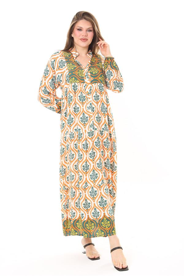 Kadın Büyük Beden Mavi Dokuma Viskon Kumaş Ön Düğmeli Uzun Elbise 65N37860