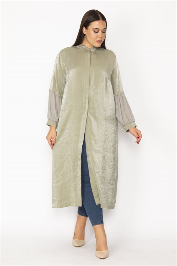 Kadın Siyah Simli Kumaş Kol Ağzı Şifon Detaylı Hakim Yaka Ön Düğmeli Uzun Kap 65N28483