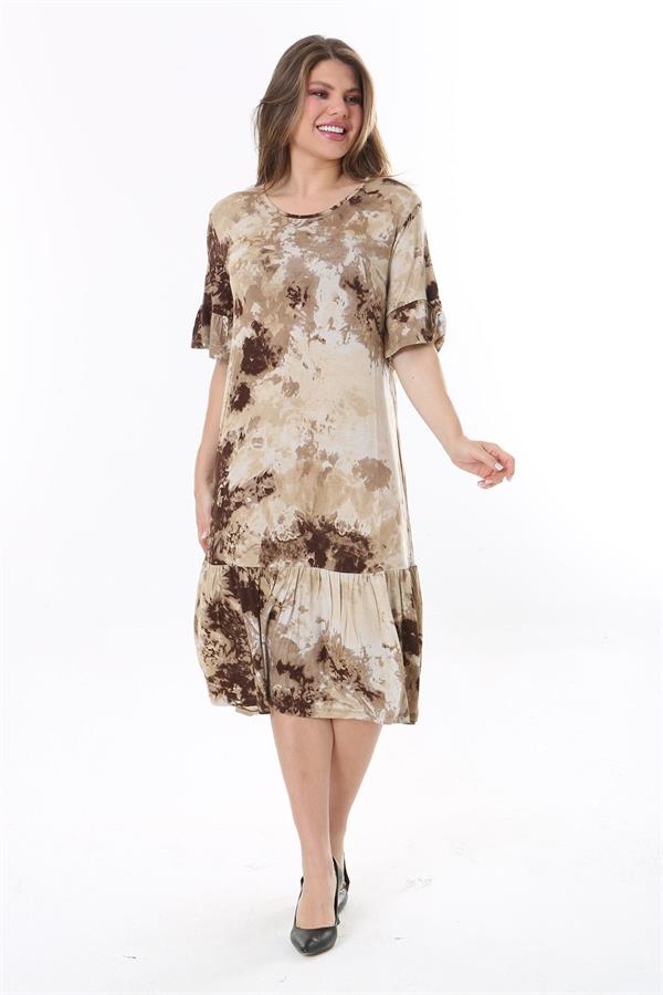 Kadın Büyük Beden Kahve Batik Desenli Kısa Kollu Etek Ucu Katlı Elbise 65N37764