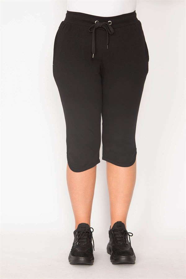 Capri en coton noir pour femme, avec œillets et taille élastique, poches, 65N29527