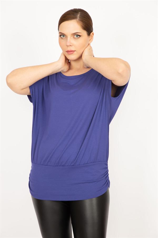 Kadın İndigo Büyük Beden Bisiklet Yakalı Etek Ucu Bantlı Tunik