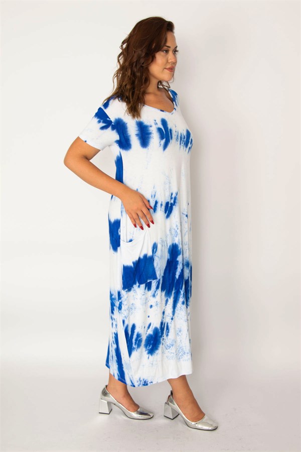 Kadın Saks Batik Desen V Yaka Cepli Elbise 65N33979