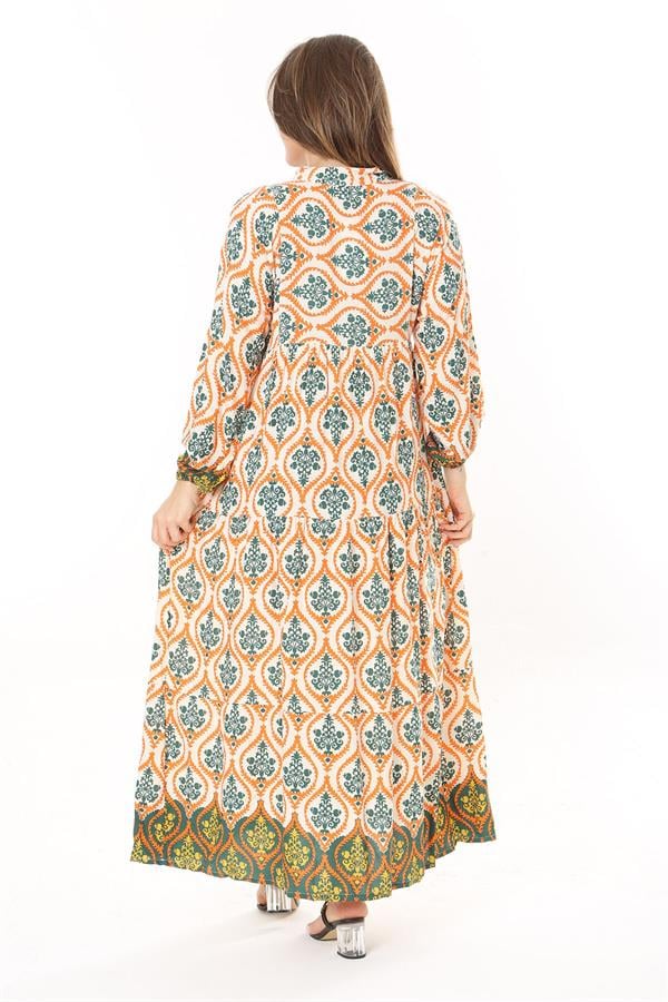 Kadın Büyük Beden Mavi Dokuma Viskon Kumaş Ön Düğmeli Uzun Elbise 65N37860