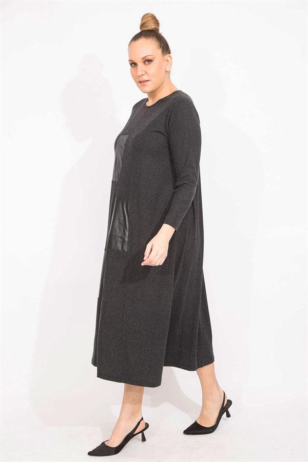 Kadın Antrasit Suni Deri Garnili Uzun Kollu Elbise 65N35528