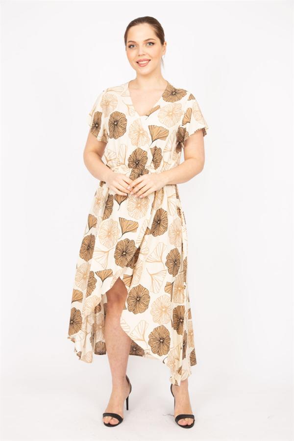 Kadın Bej Büyük Beden Dokuma Viskon Kumaş Eteği Anvelop Beli Lastikli Elbise 65N35832