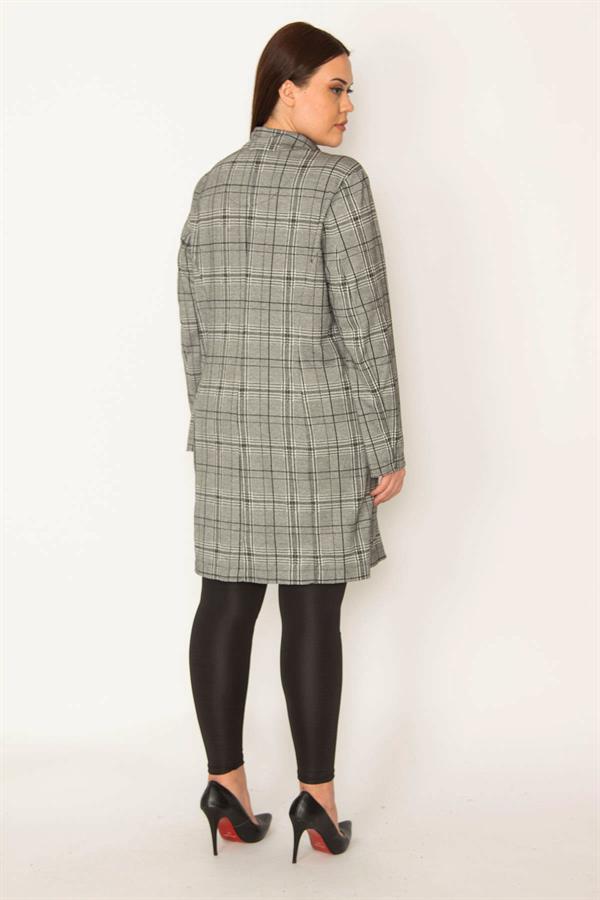 KADIN GRİ EKOSE DESENLİ ASTARSIZ ÖN DÜĞMELİ CEPLİ UZUN CEKET