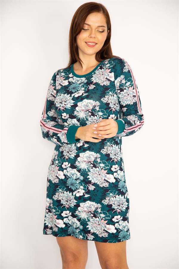 Kadın Petrol Kolları Şerit Detaylı Çiçek Desenli Tunik Elbise 65N34667
