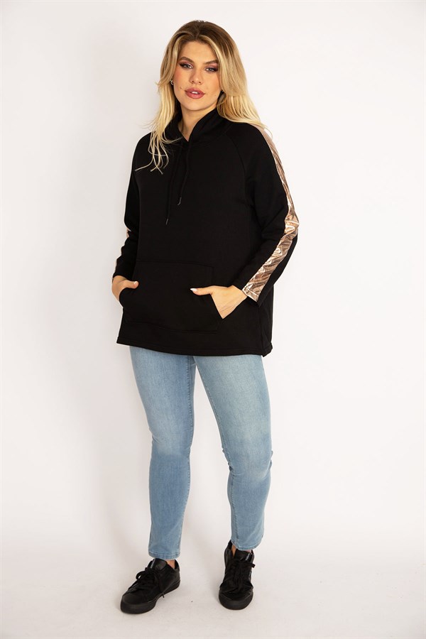 Women's Black Sleeves Gold Stripe Detailed Hooded Kangaroo Pocket Sweatshirt 65N34671