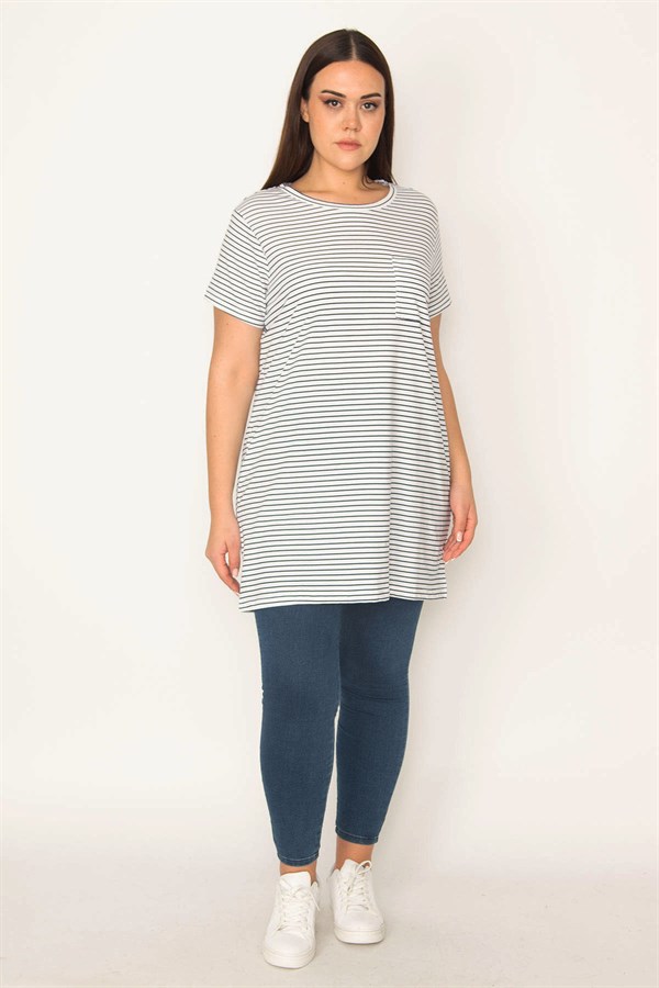 KADIN KEMİK PAMUKLU KUMAŞ BİSİKLET YAKA ÇİZGİLİ BLUZ
