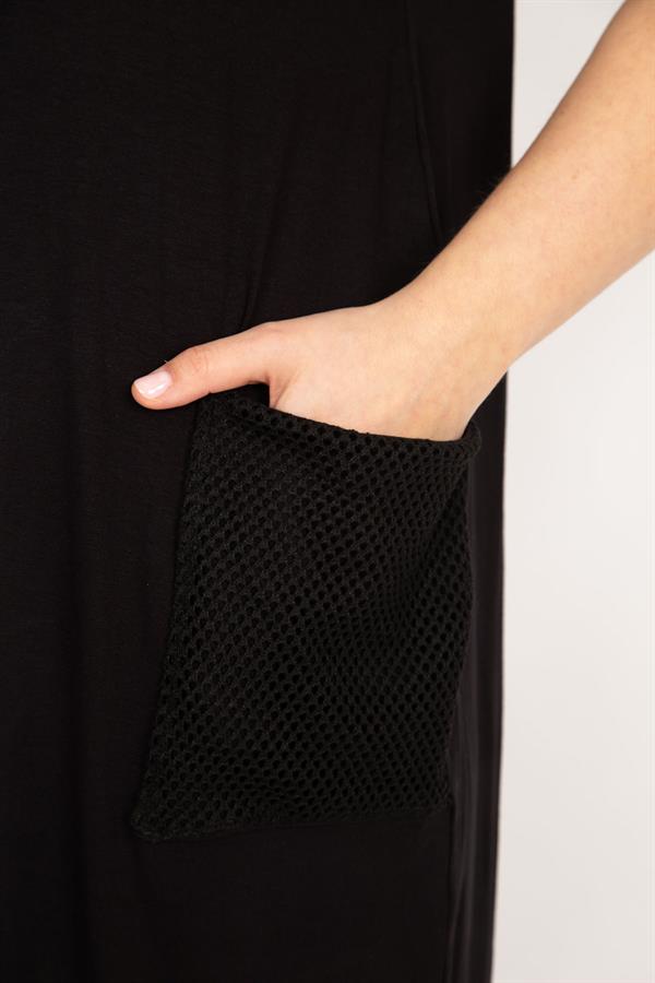 Kadın Lacivert Büyük Beden Cebi File Detaylı Kısa Kollu Viskon Elbise