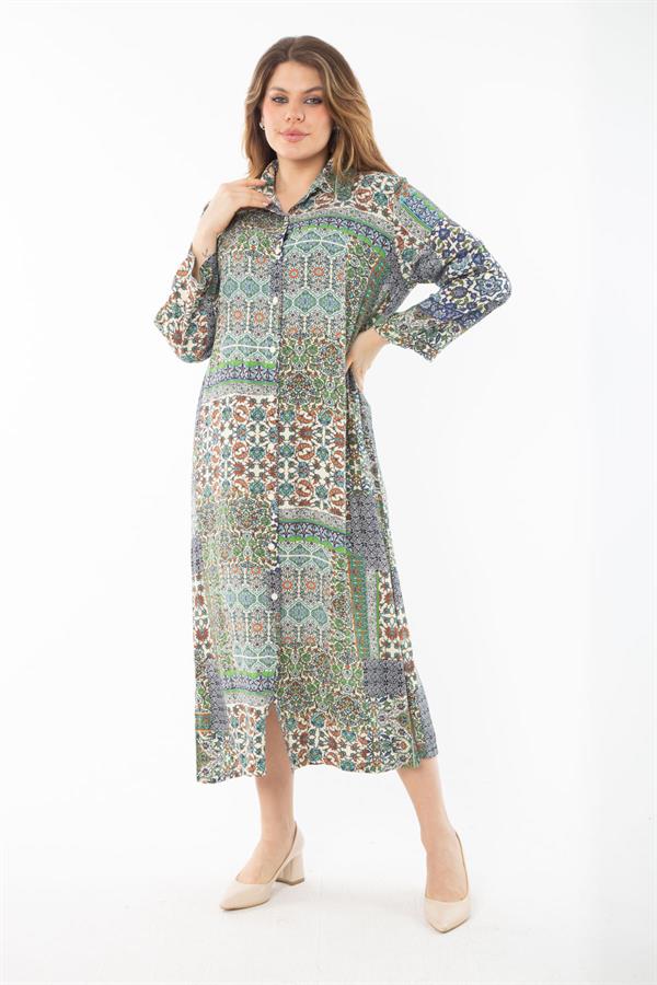 Kadın Büyük Beden Renkli Dokuma Viskon Kumaş Ön Düğmeli Elbise 65N37351