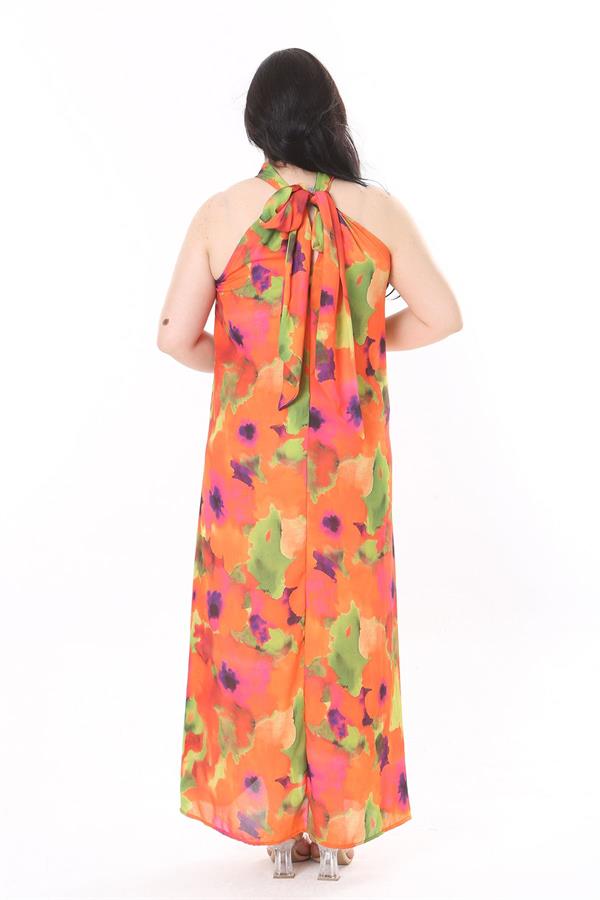 Kadın Büyük Beden Renkli Boyundan Bağlamalı Astarsız Krep Elbise 65N37940