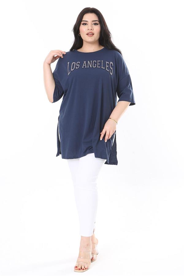 Kadın Büyük Beden Lacivert Sim Detaylı Bisiklet Yaka Yan Yırtmaçlı Kısa Kollu Bluz