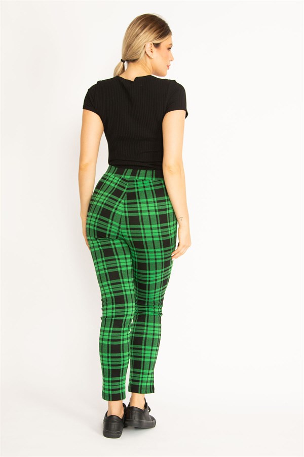 Kadın Kırmızı Ekose Desenli Süs Fermuar Cepli Tayt 65N34640