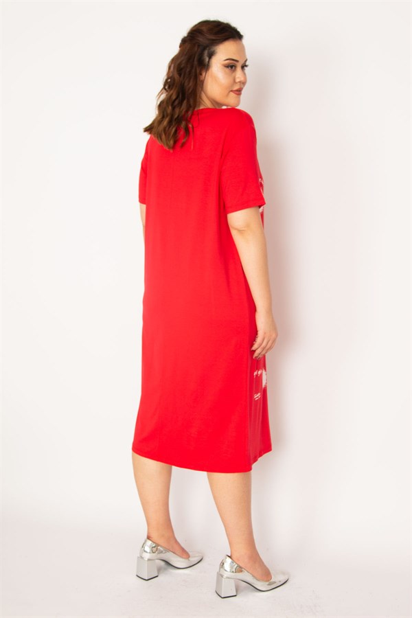 Kadın Kırmızı Ön Baskılı Viskon Elbise 65N33248