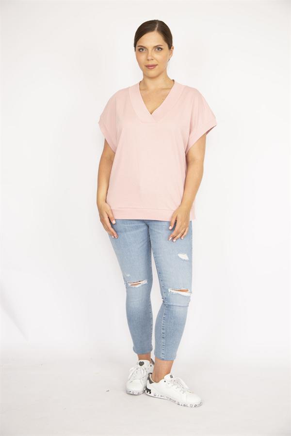 Kadın Pembe Büyük Beden V Yakalı Ribanalı Tunik