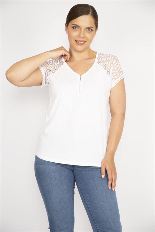 Kadın Beyaz Büyük Beden Pamuklu Kumaş Ön Pat Fermuarlı Kolları Dantel Bluz