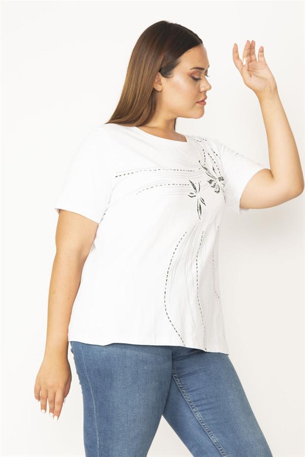 Kadın Beyaz Büyük Beden Pamuklu Kumaş Ön Baskılı Bluz