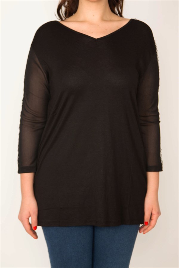 KADIN SİYAH KOLLARI TÜL VE PAYET DETAYLI V YAKALI BLUZ