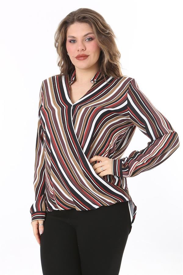 Kadın Büyük Beden Bej Dokuma Viskon Kumaş Kapalı Anvelop Bluz 65N37614