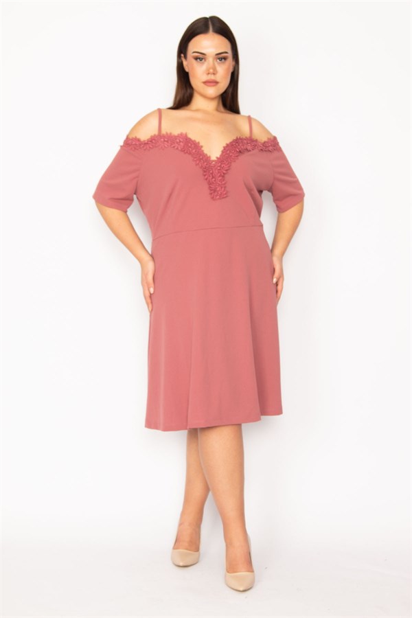 Women's Dusty Rose Lace Detailed Off-the-Shoulder Strap Dress 26A32165