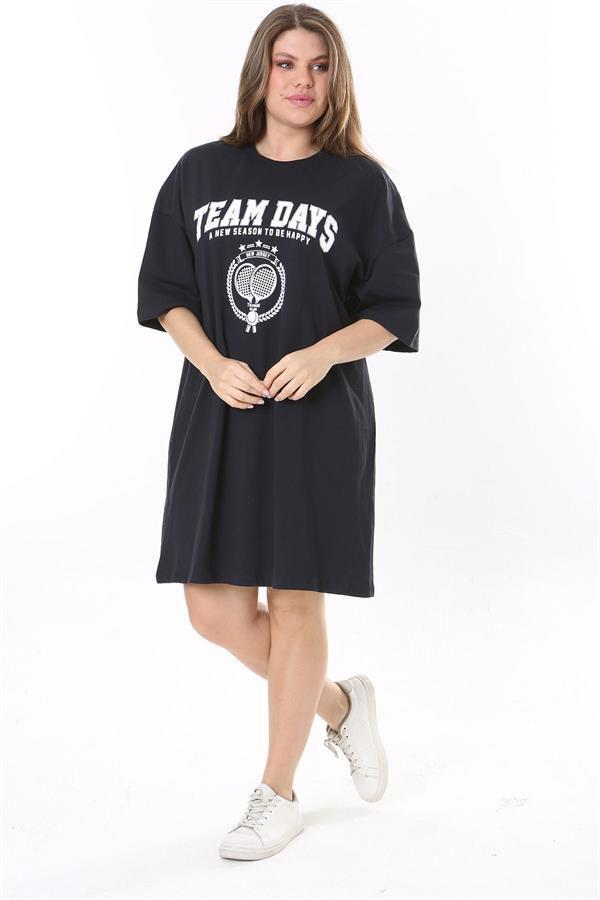 Robe tunique bleu marine à imprimé sur le devant pour femme, grande taille, 65N37790