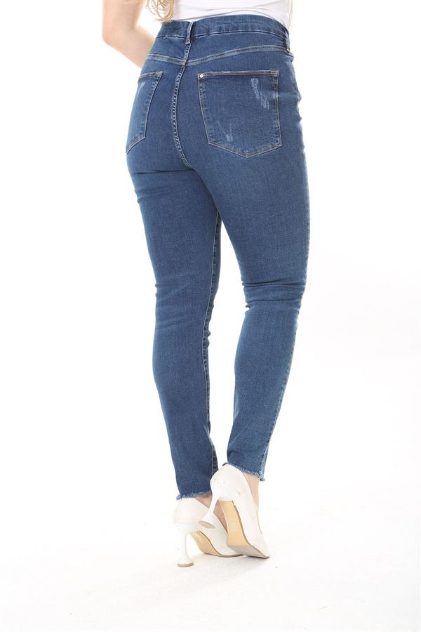 Kadın Büyük Beden Lacivert Yüksek Bel Yırtık Detaylı Skınny Kot Pantolon 65N38030