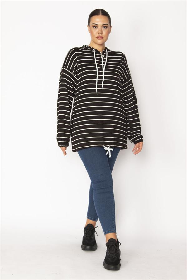Women's Black Plus Size Front Placket Zippered Eyelet and Lace Detailed Hooded Striped Tunic