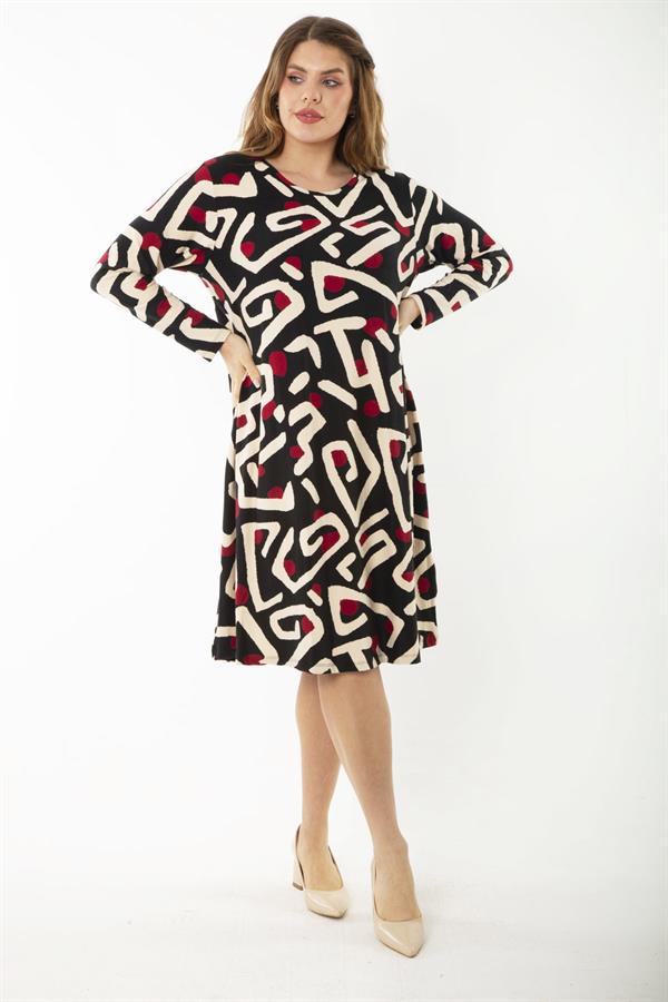 Kadın Büyük Beden Renkli Uzun Kollu Desenli Elbise 65N37192