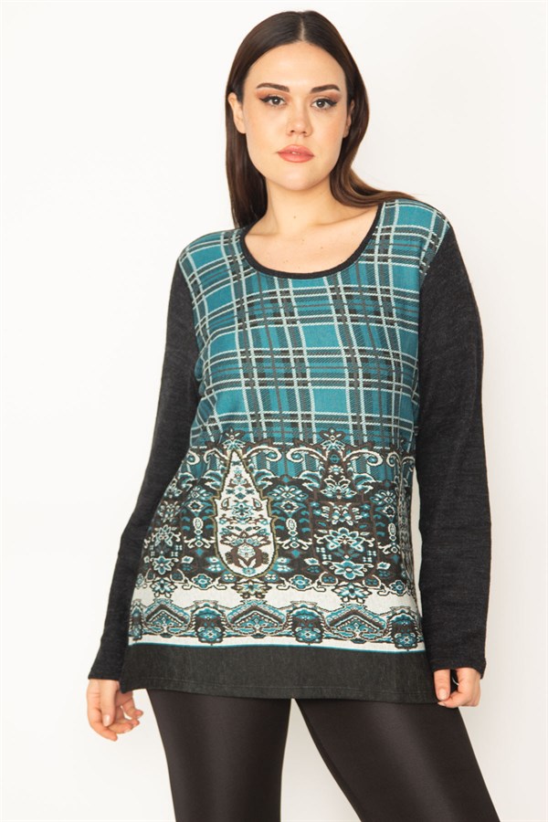 Kadın Yeşil Bisiklet Yakalı Ön Desenli Tunik 65N31342