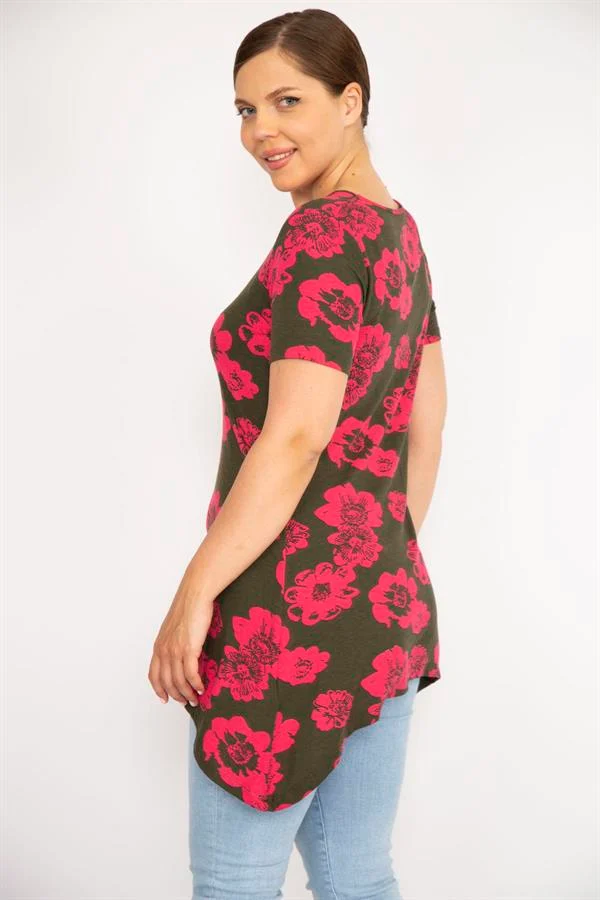 Kadın Renkli Büyük Beden Bisiklet Yakalı Etek Ucu Asimetrik Kesim Kısa Kollu Bluz