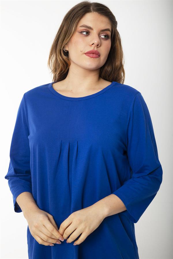 Kadın Büyük Beden Kemik Pamuklu Kumaş Pile Detaylı Kapri Kollu Bluz 65N37225