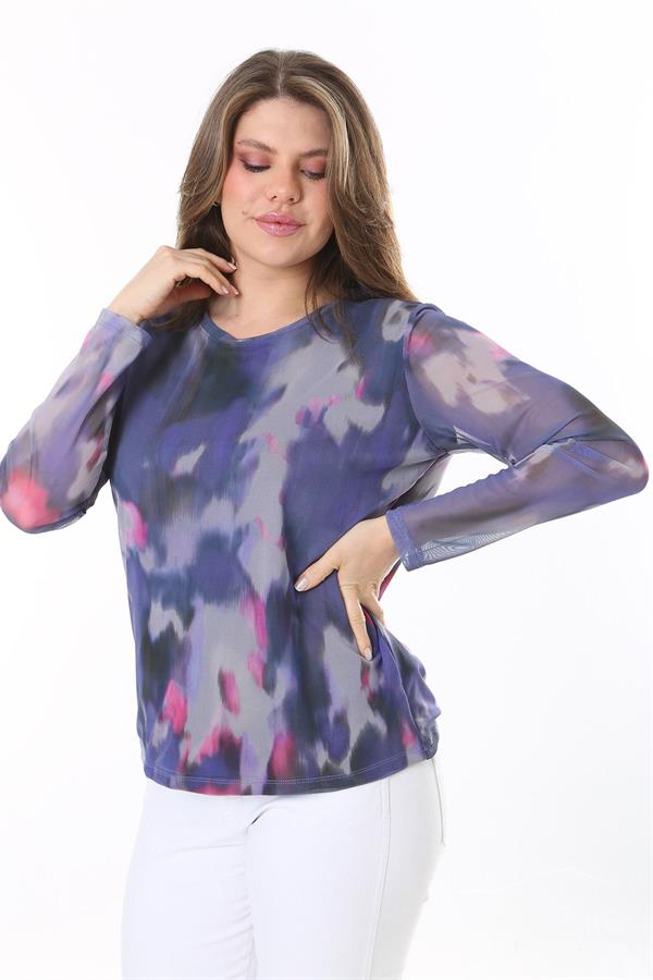 Kadın Büyük Beden Renkli Astarlı Tül Bluz 65N37810