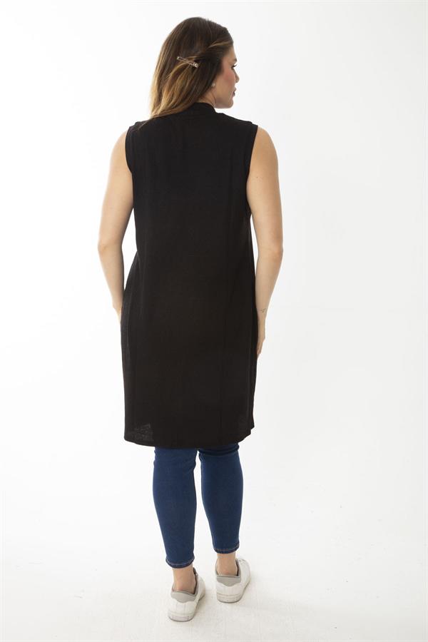 Kadın Büyük Beden Siyah Kaşkorse Kumaş Sıfır Yaka Yaka Kolsuz Uzun Bluz 65N37096