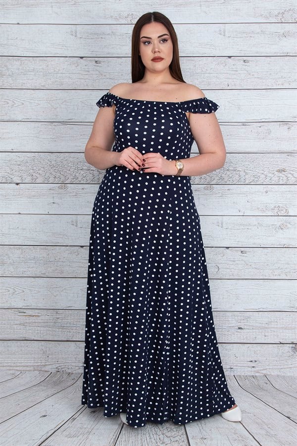 KADIN LACİVERT YAKA VE ASKILARI LASTİK DETAYLI PUAN DESENLİ YIRTMAÇLI UZUN ELBİSE