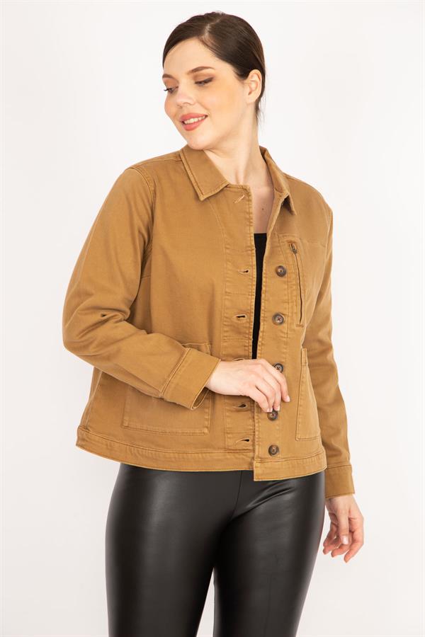 Women's Tan Plus Size Gabardine Fabric Front Button Zipper and Pocket Detailed Coat