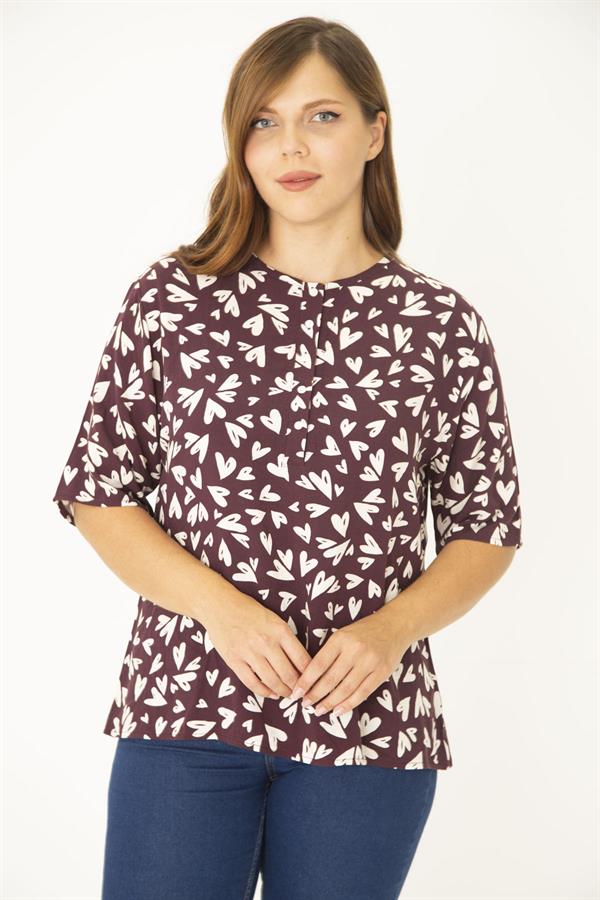 Kadın Büyük Beden Mürdüm Dokuma Viskon Kumaş Ön Pat Düğmeli Kısa Kollu Gömlek 65N36992