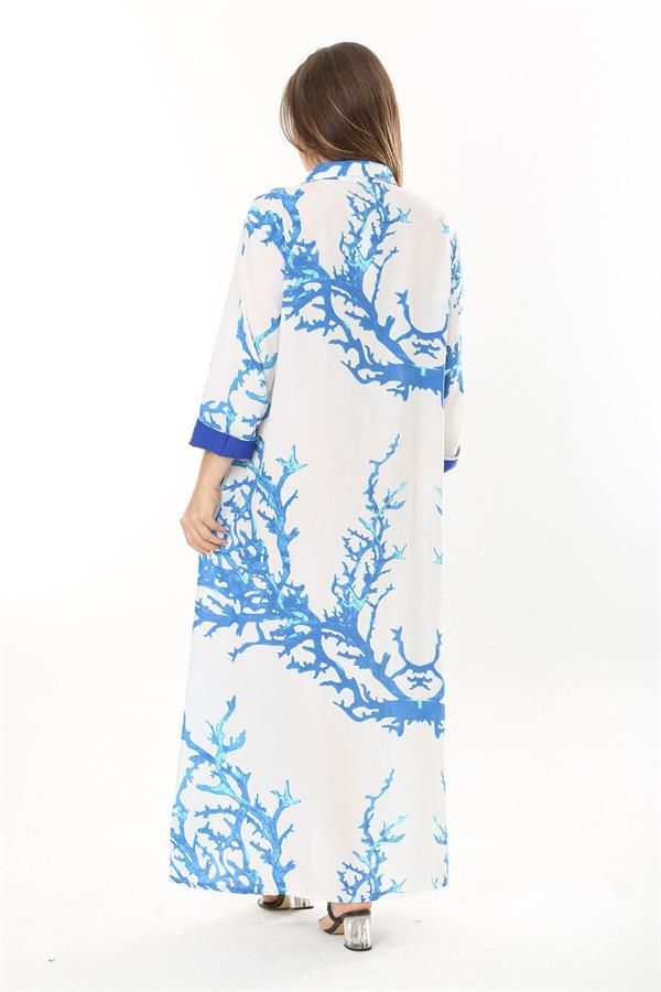 Kadın Büyük Beden Mavi Ön Boy Düğmeli Gömlek Yakalı Uzun Elbise 65N37875