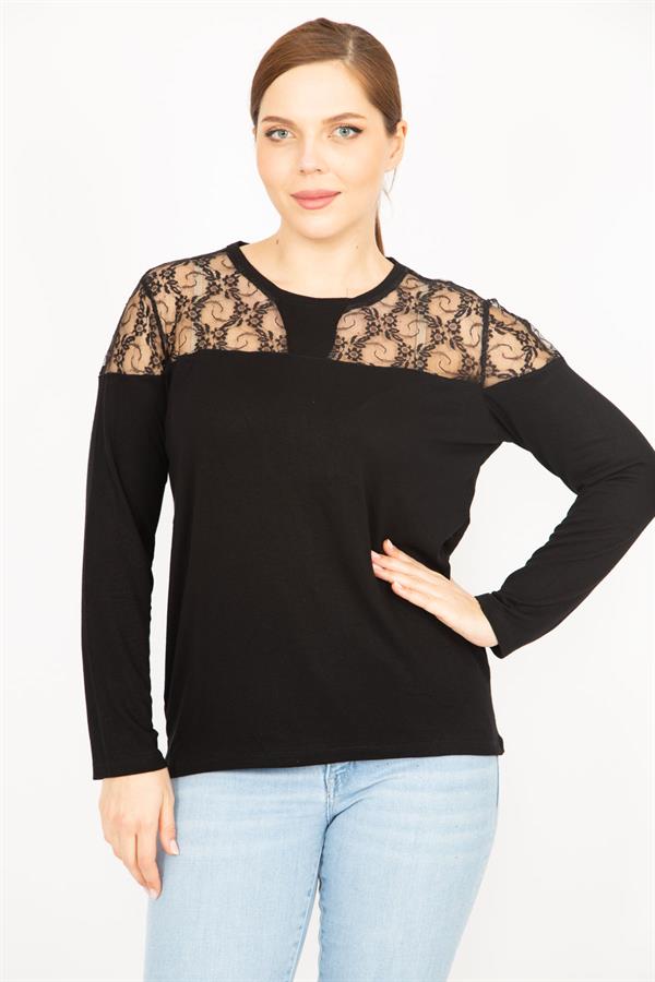 Kadın Siyah Büyük Beden Dantel Garnili Bluz