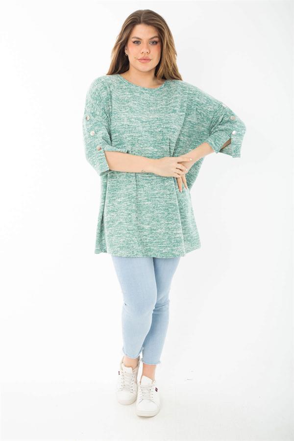 Kadın Büyük Beden Yeşil Kolları Süs Metal Düğmeli Kırçıllı Kalın Tunik 65N37403