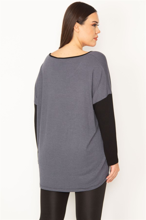 Kadın Gri Önü Flok Desen Ve Taş Detaylı İki Renkli Tunik 65N31412