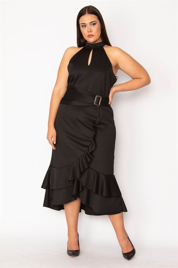 WOMEN'S BLACK HALTERNECK COLLAR DRESS WITH FLOUNCED AND BUCKLE DETAILS AND HIDDEN BACK ZIPPER