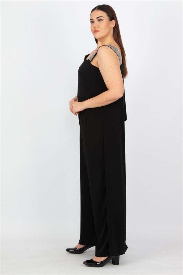 Kadın Büyük Beden Siyah Payet Ve Fermuar Detaylı Tulum 65N37442